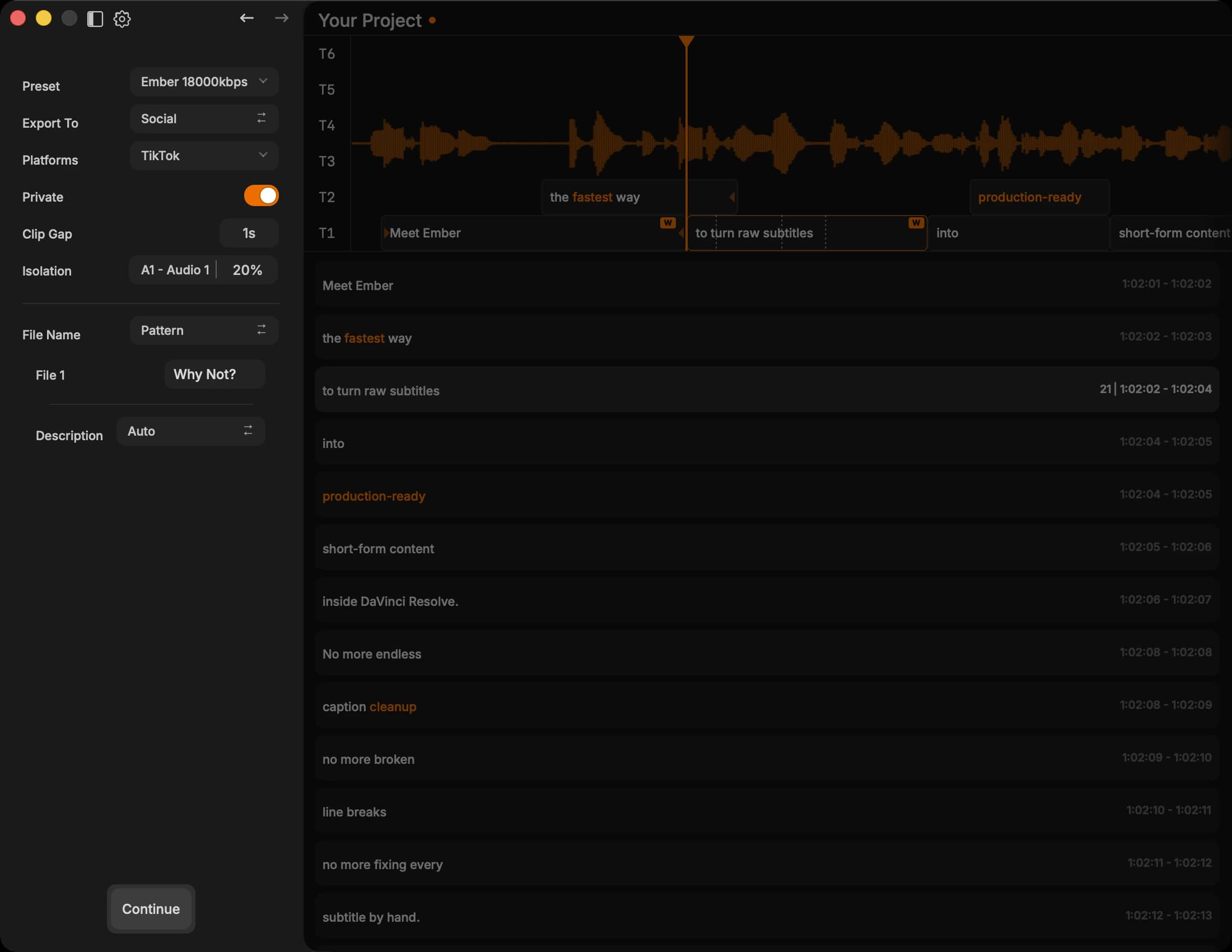 Ember preparing the finished Resolve timeline for export