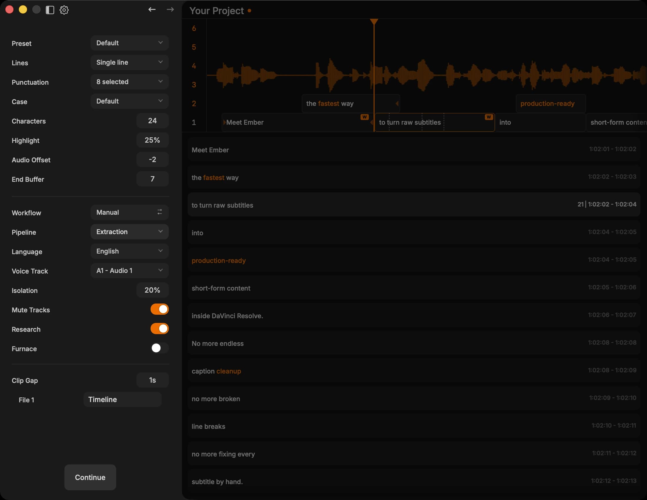 Ember generating word-timed subtitles from the active Resolve cut