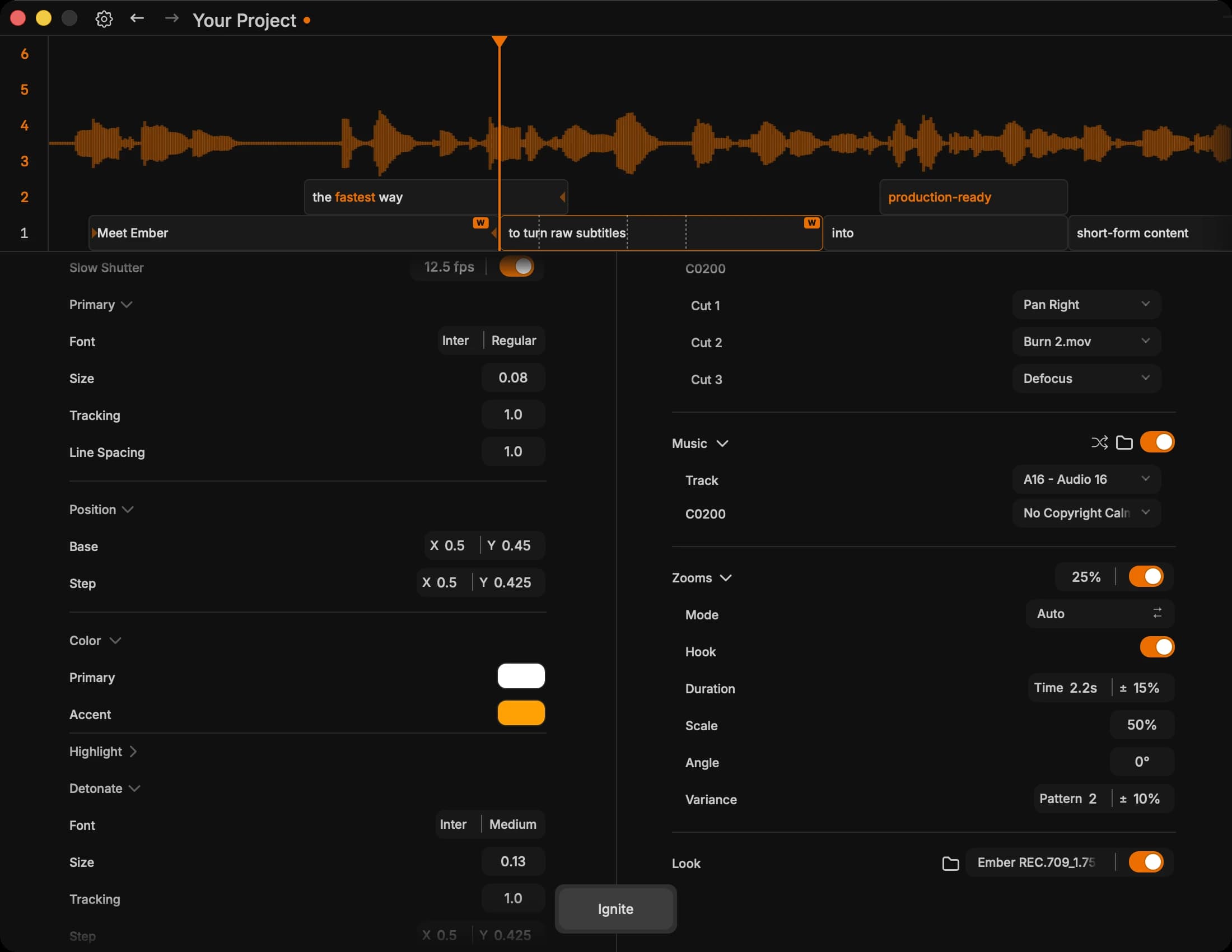Ember Ignite previewing subtitle and finishing layers on the Resolve timeline