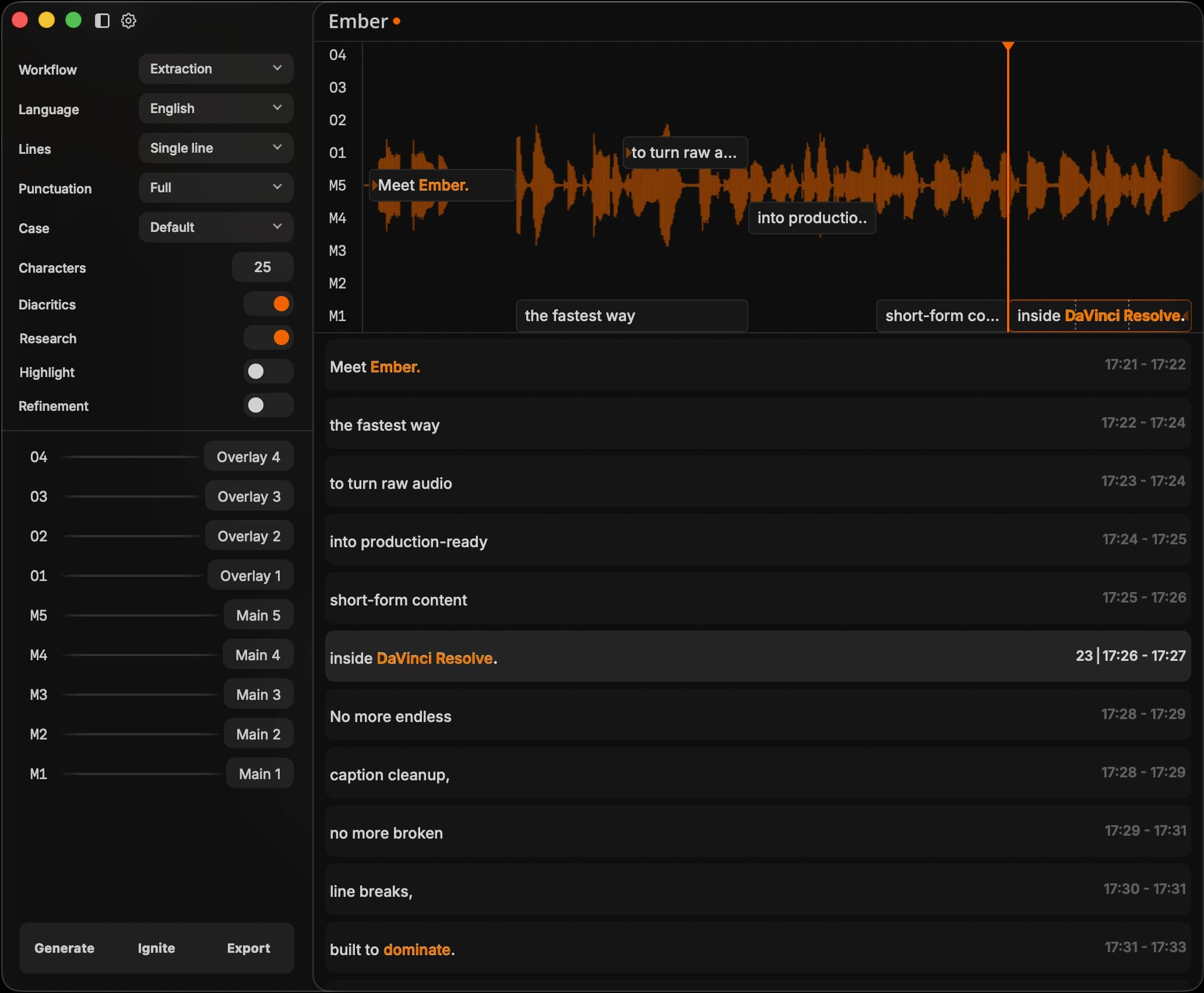 Ember's subtitle editing interface
